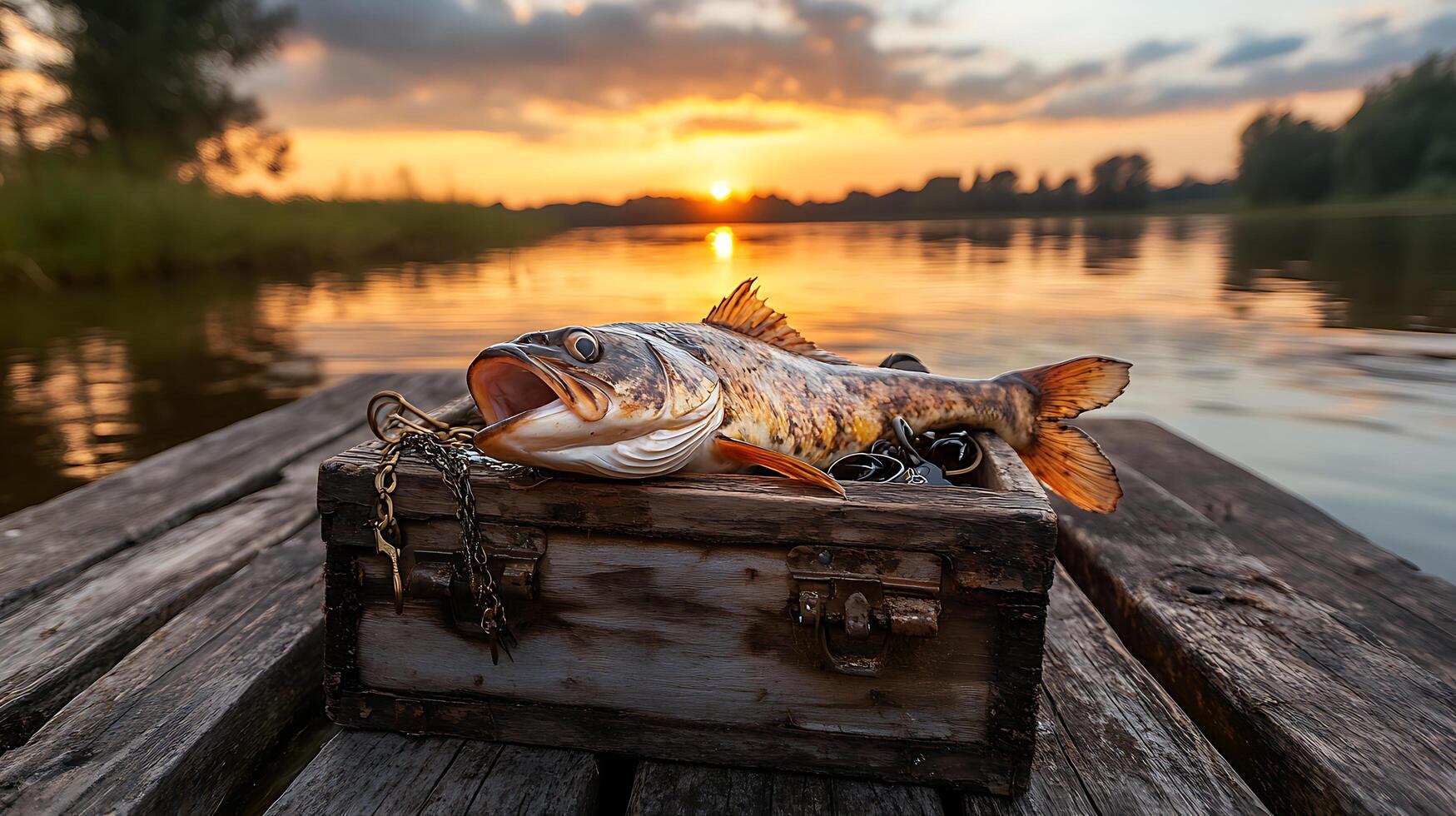 A fish on a wooden box sitting on a dock at sunset photo