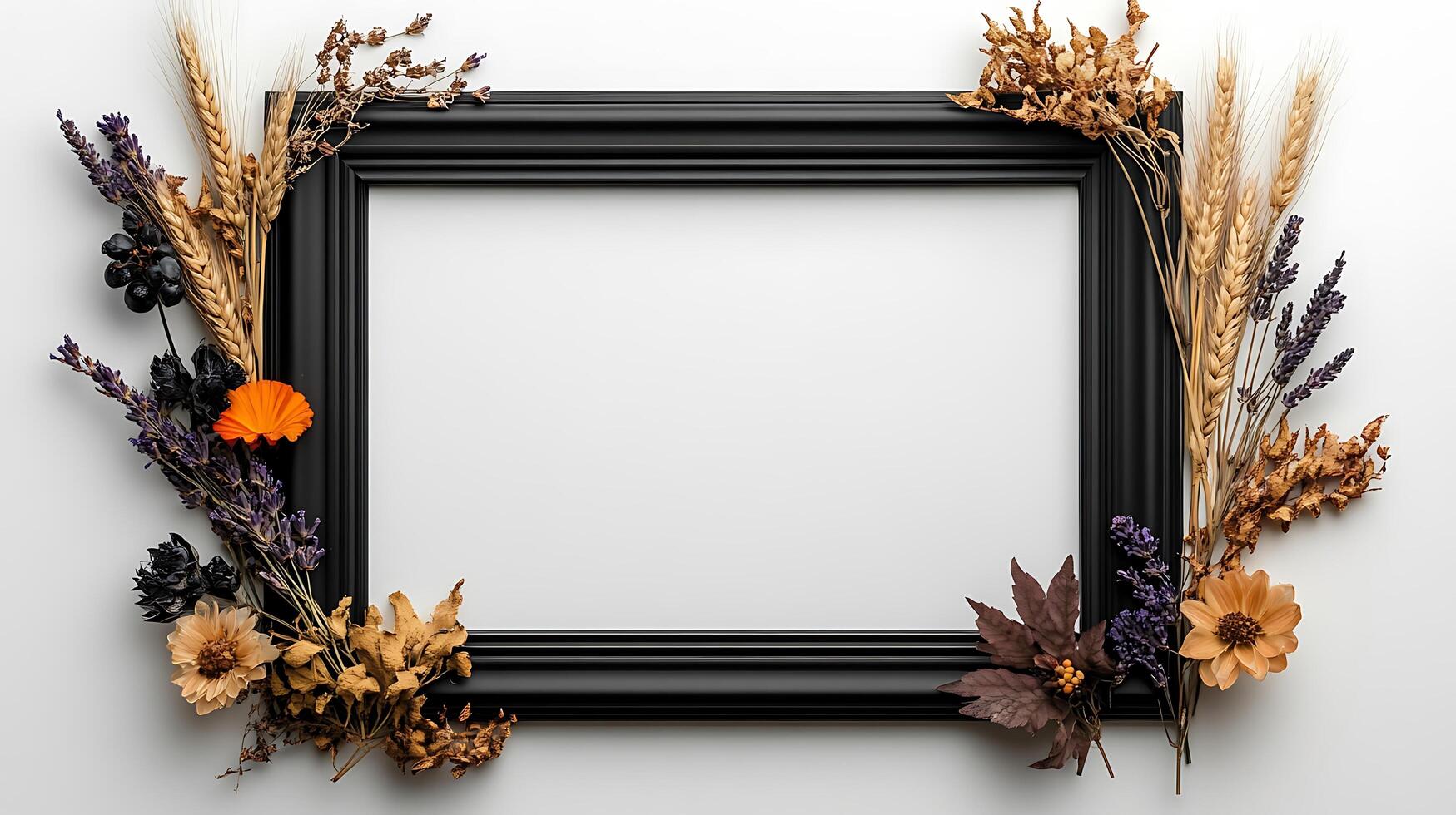 A black frame with dried flowers and wheat on a white wall photo