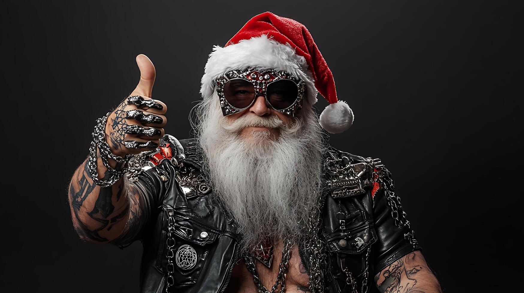 A man with a beard and tattoos wearing a santa hat and sunglasses photo