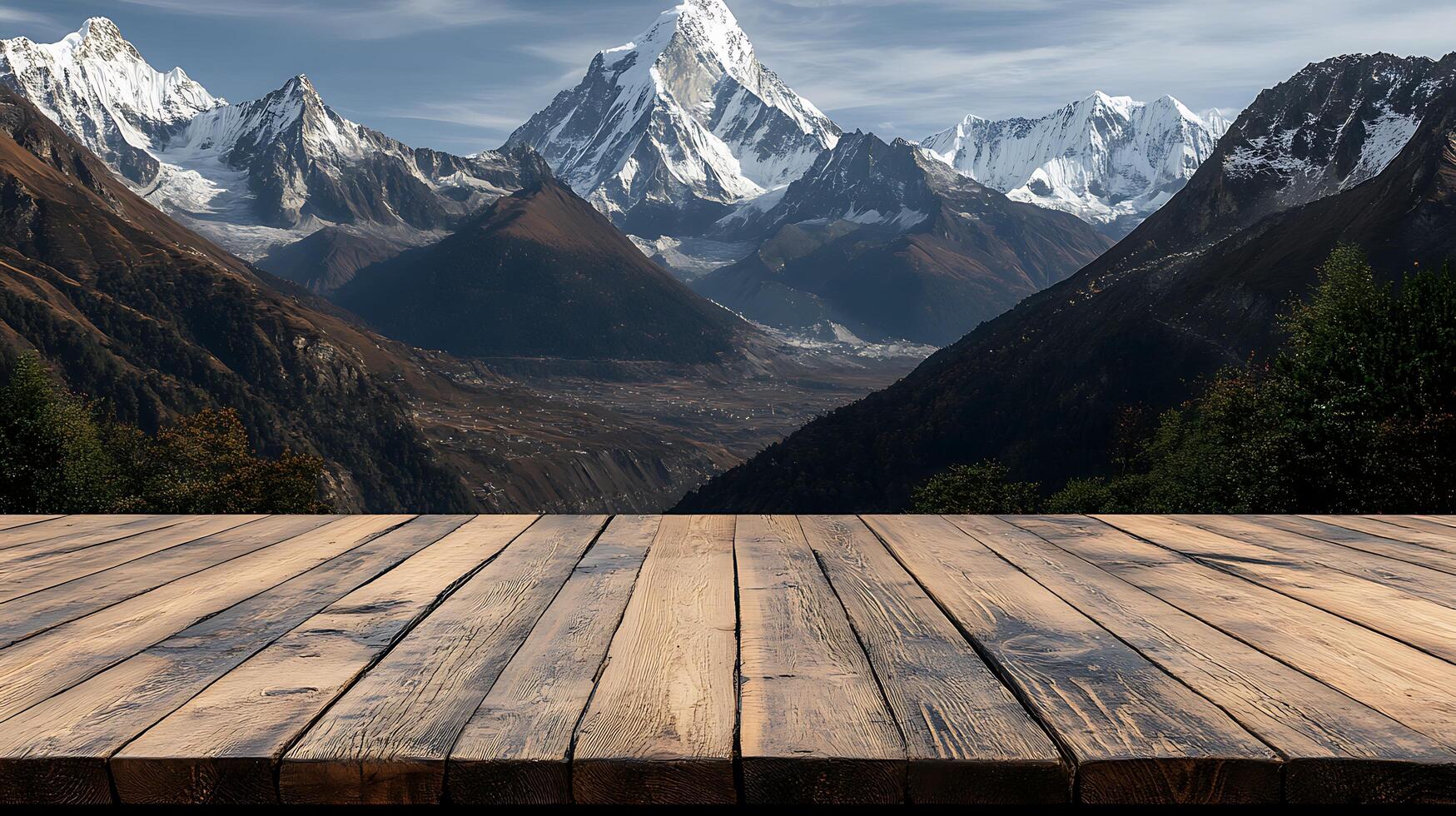 A wooden table with a view of mountains photo