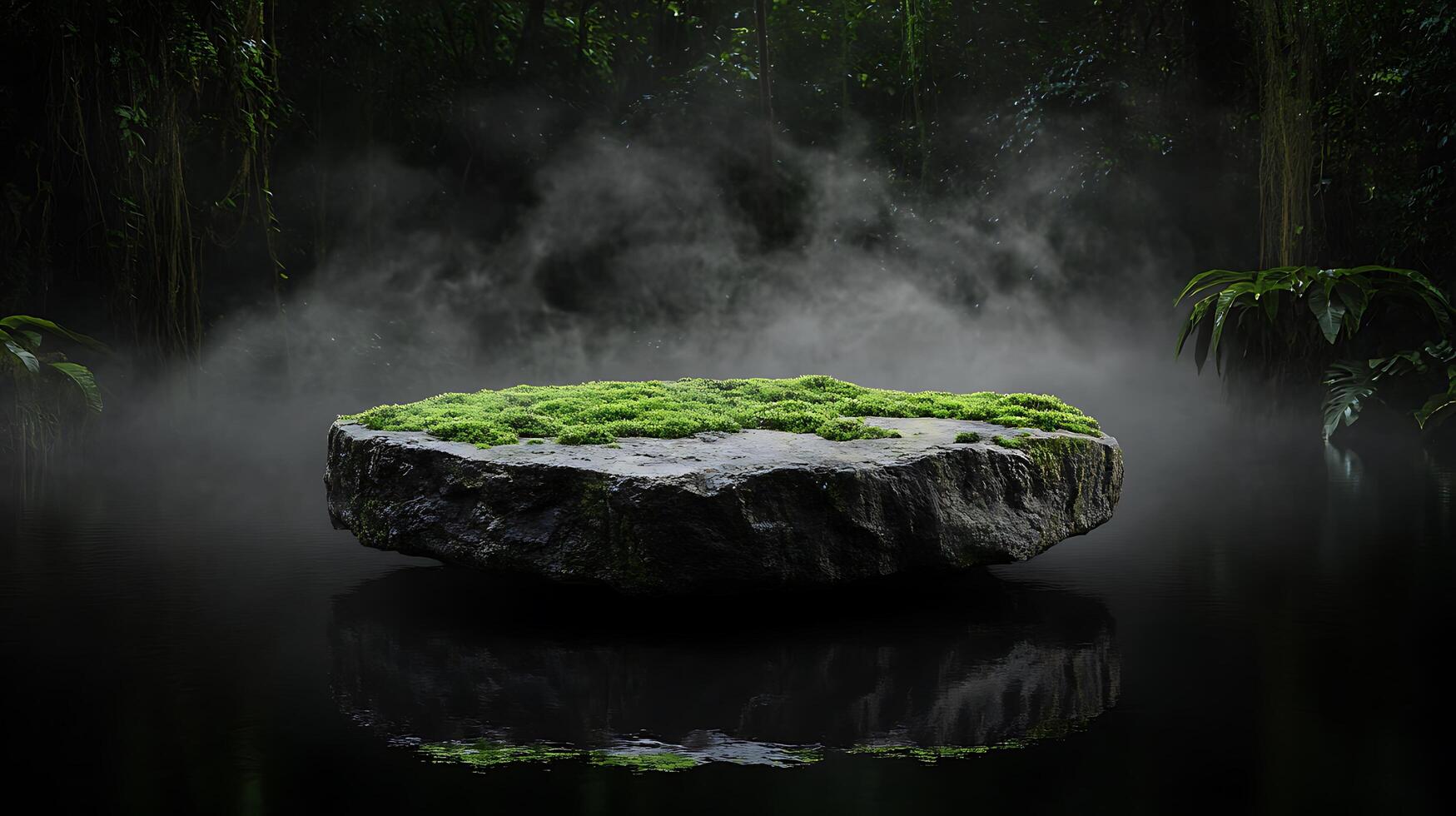 A rock with moss on it in the middle of a pond photo