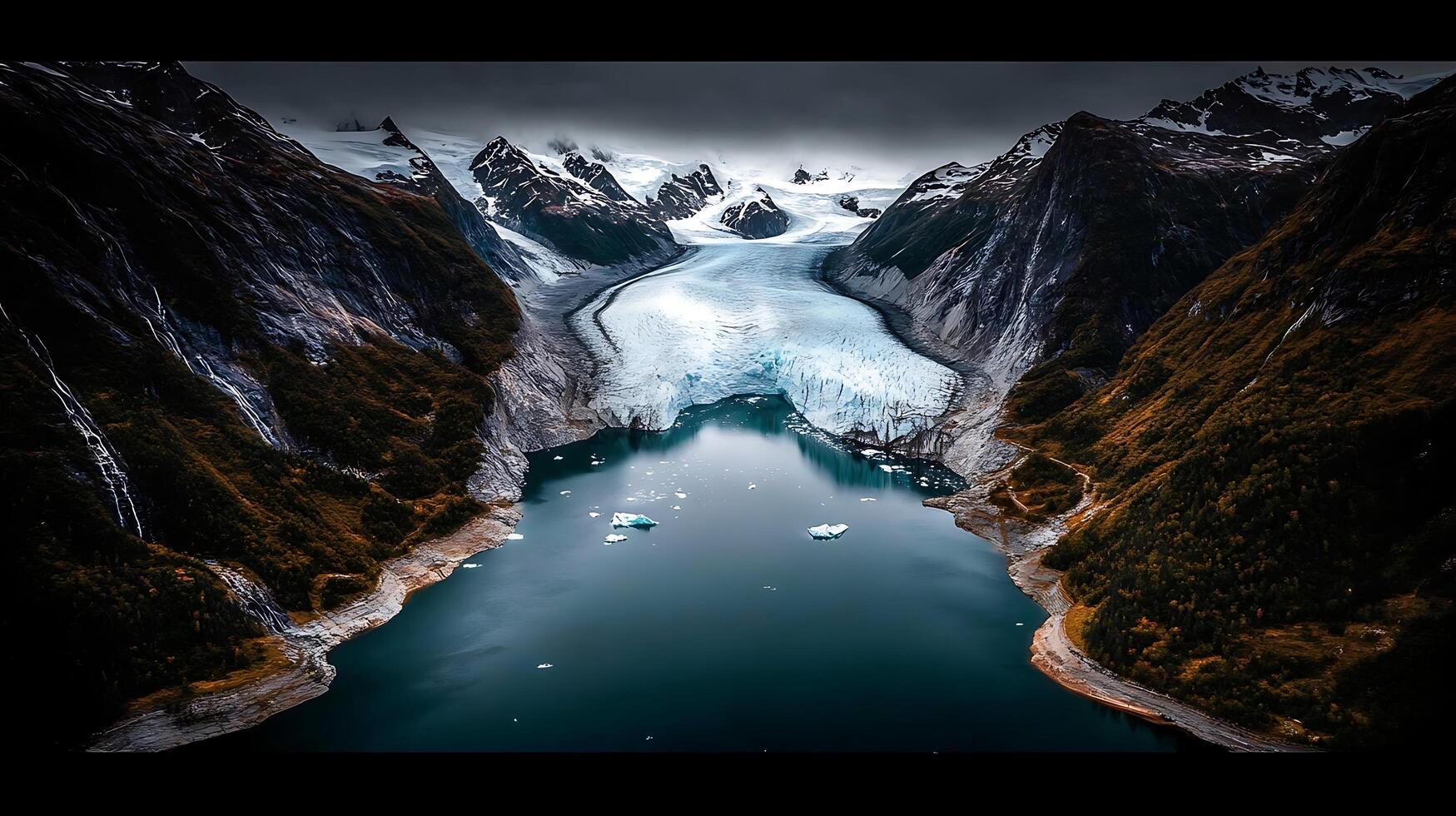 A large glacier is shown in the middle of a lake photo