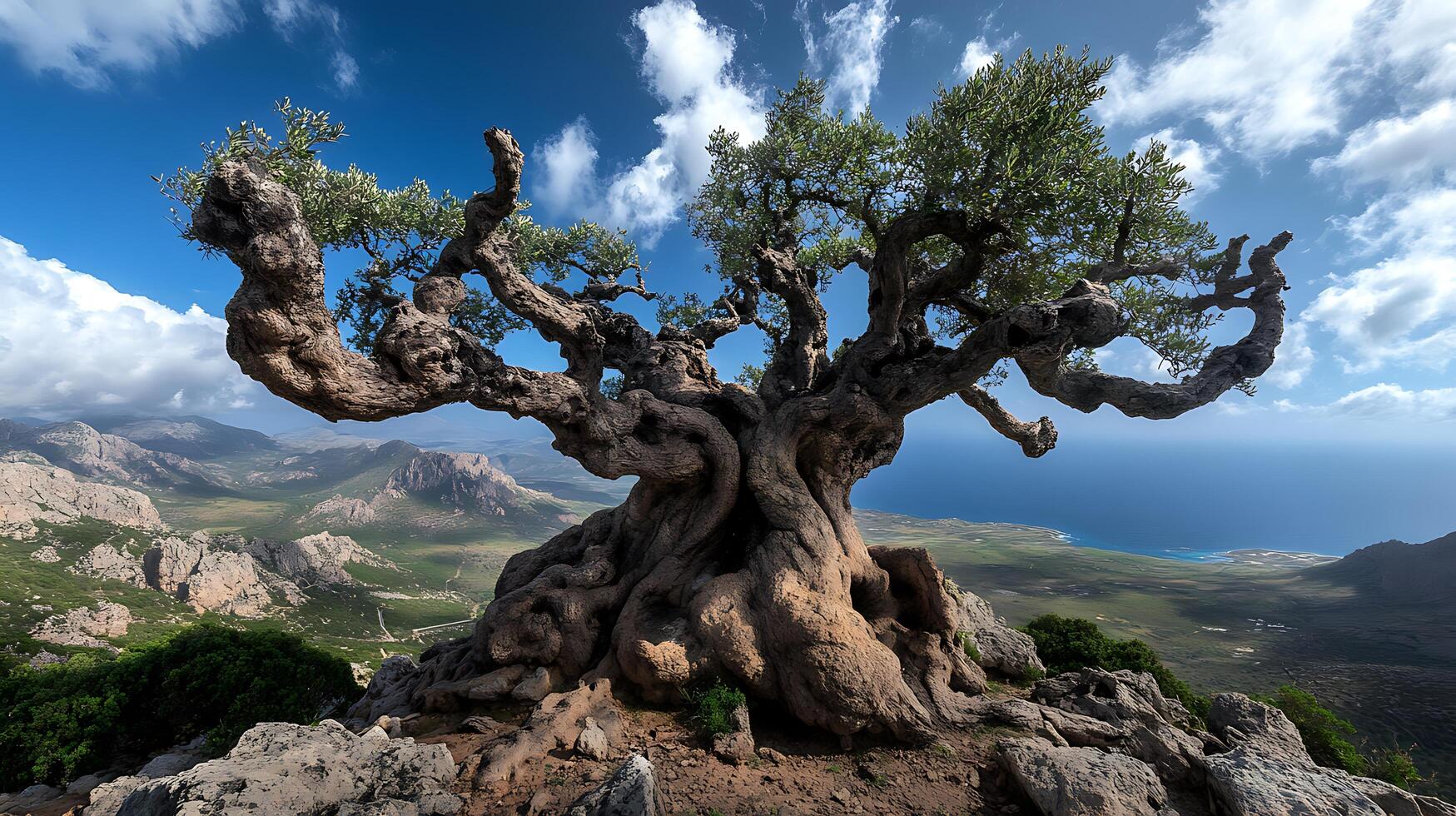 An old olive tree on top of a mountain photo