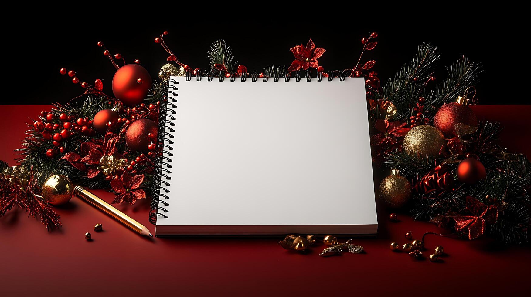 A blank notebook with christmas decorations on a red background photo