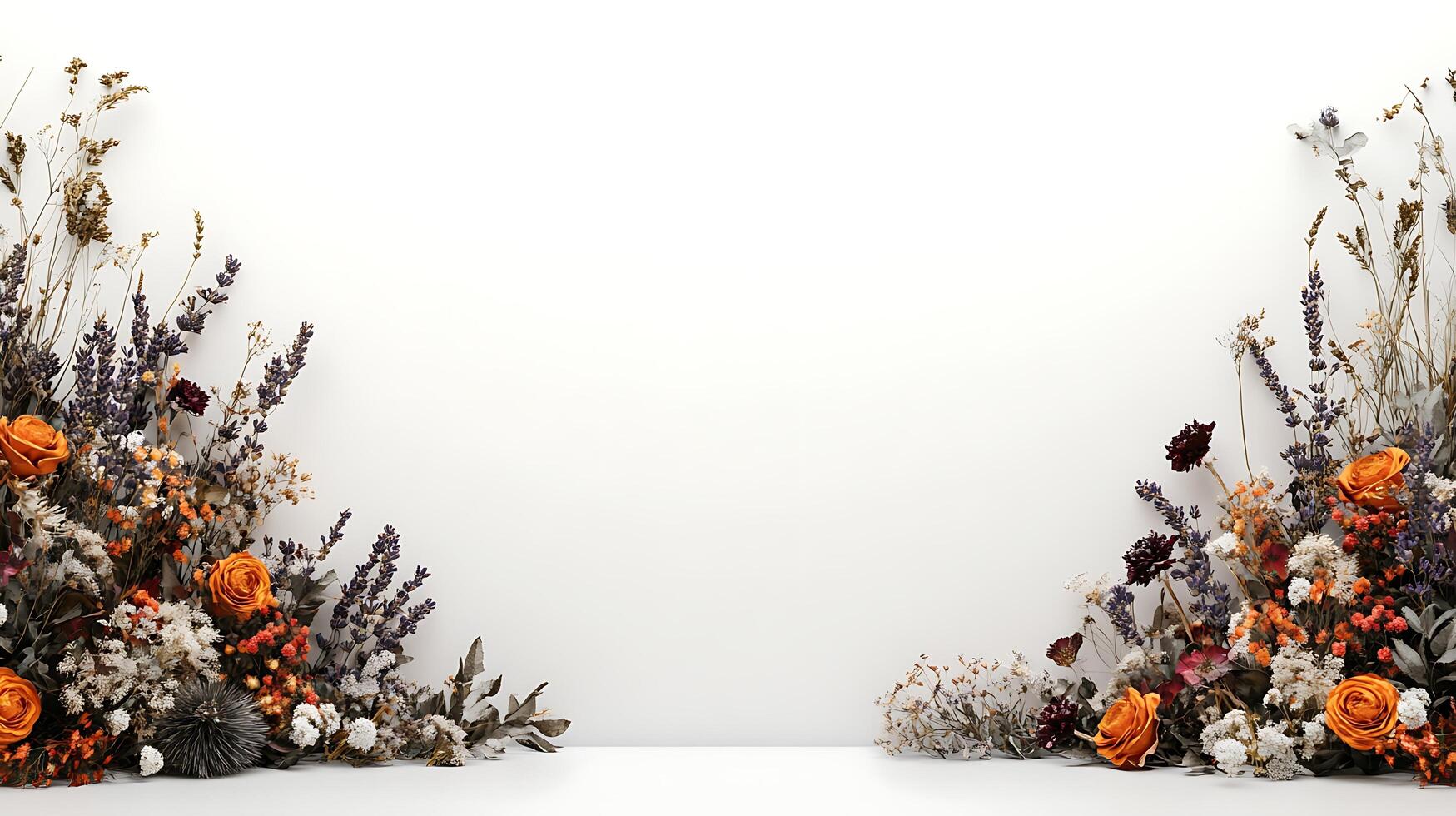 A white wall with a bunch of dried flowers photo