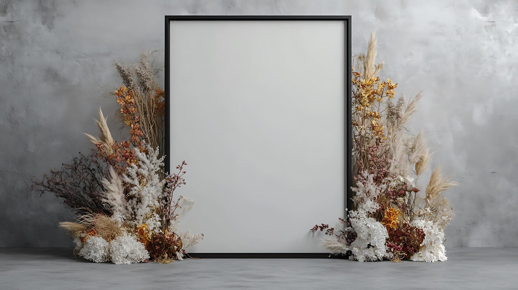 Blank white frame with dried flowers and plants on concrete wall photo