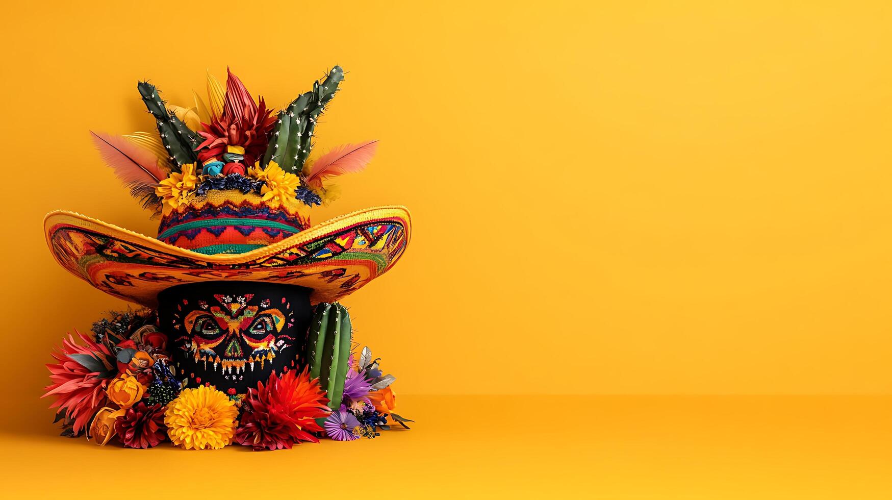 A colorful mexican skull with a sombrero on a yellow background photo