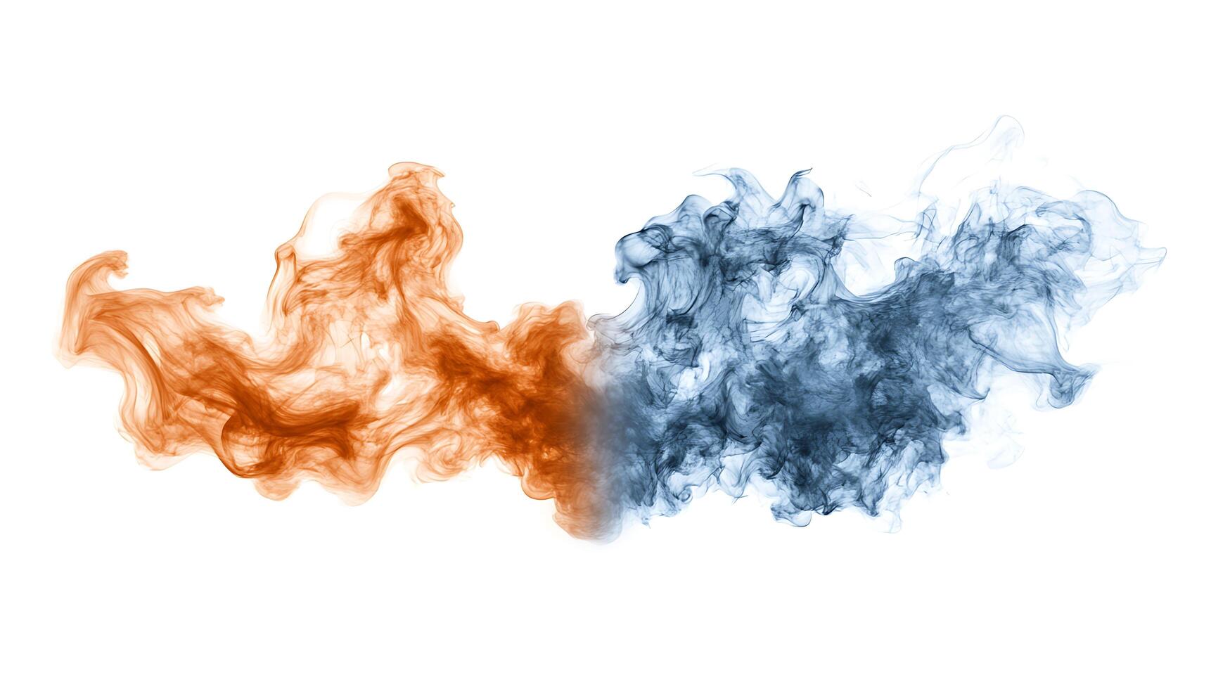 Two different colors of smoke are shown on a white background photo