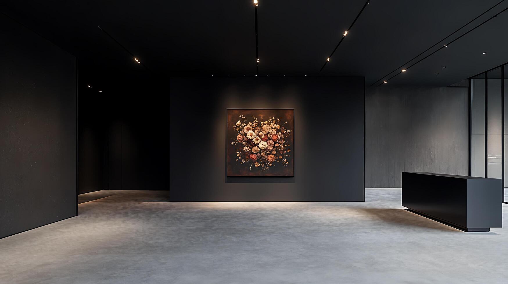 A large black room with a painting on the wall photo