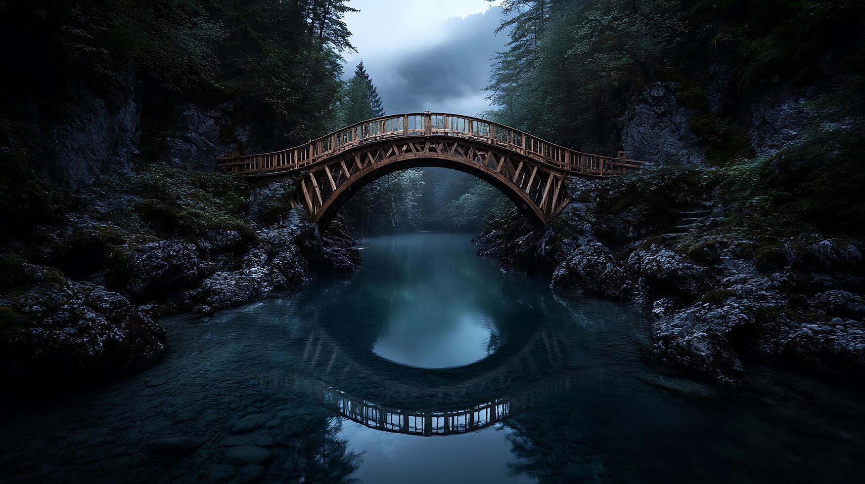 A bridge spanning over a river in the middle of a forest photo