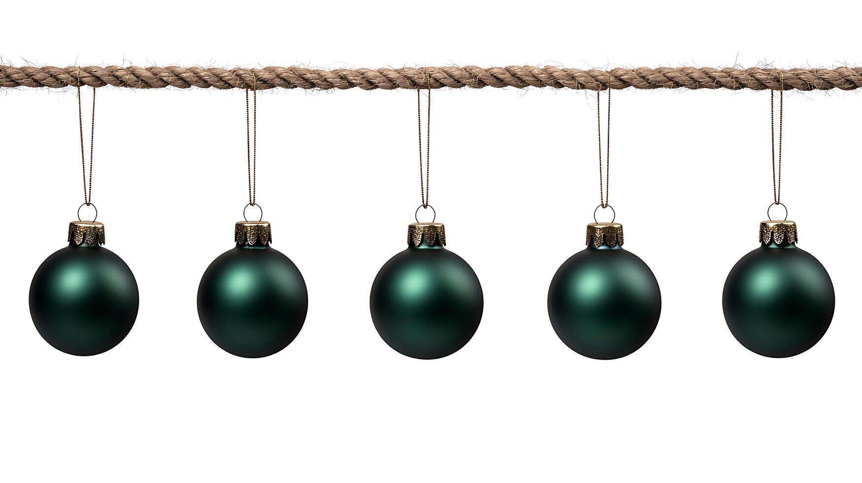 A string of green christmas balls hanging from a rope photo