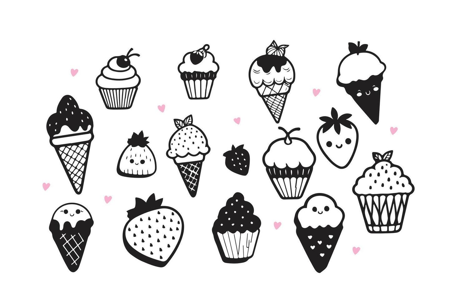bakery items and food items as ice-cream, cup cake, strawberry vector