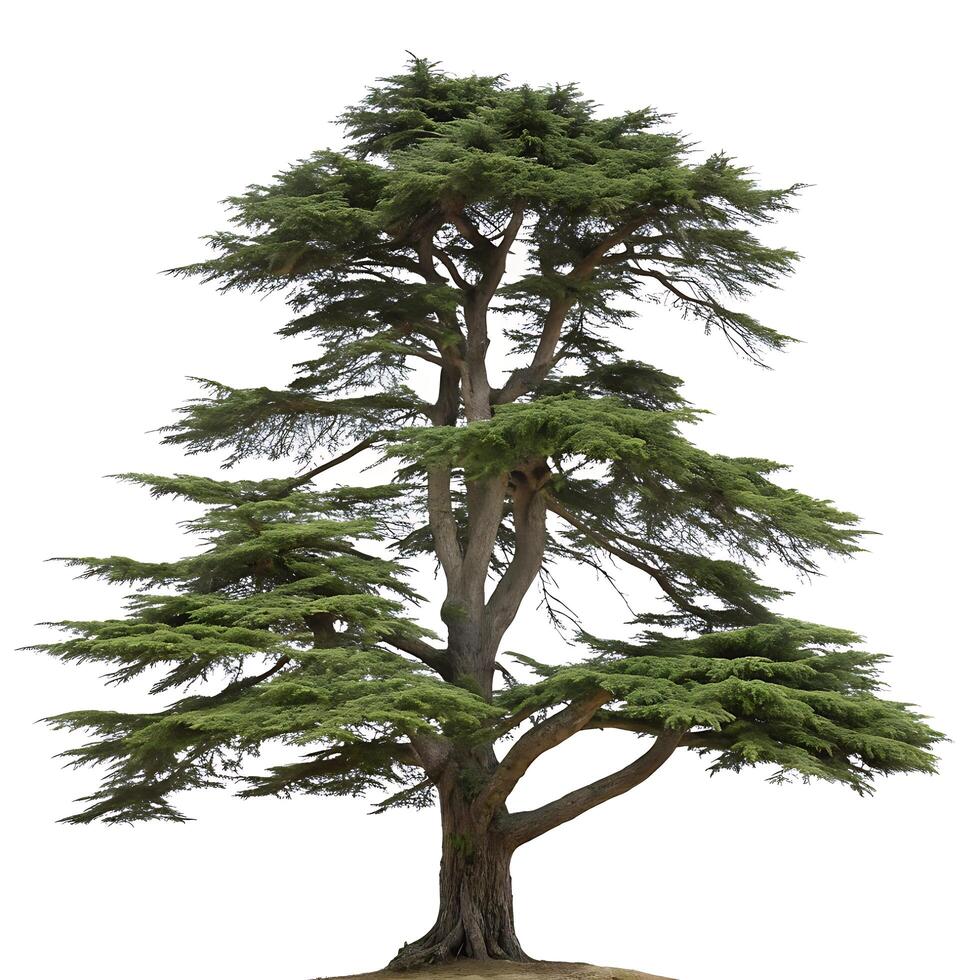 a solitary cedar tree with symmetrical branches and rich green leaves on a white backdrop, highlighting its natural elegance photo