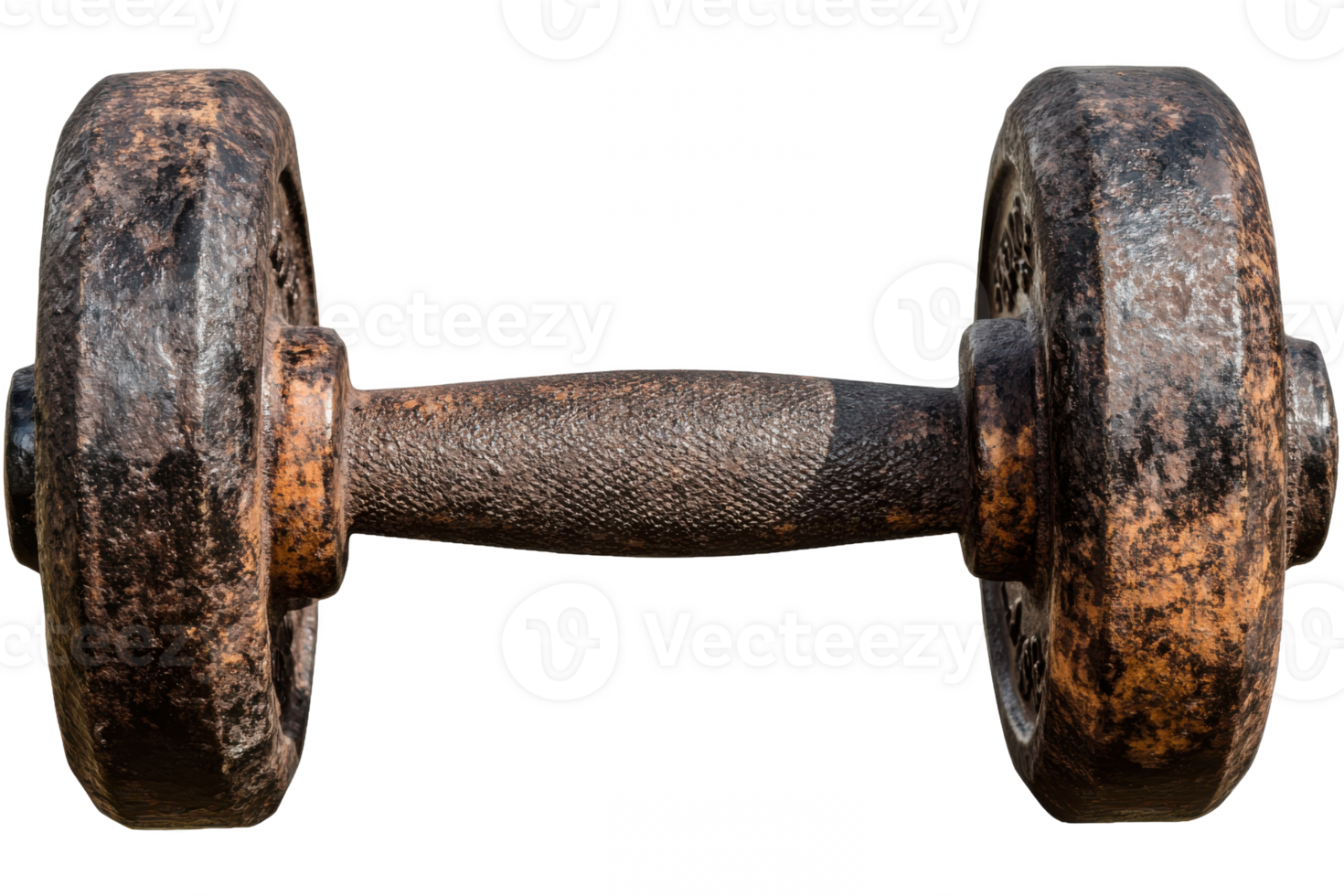 Rusty dumbbell image, showcasing fitness equipment, aged metal, and workout object details. png
