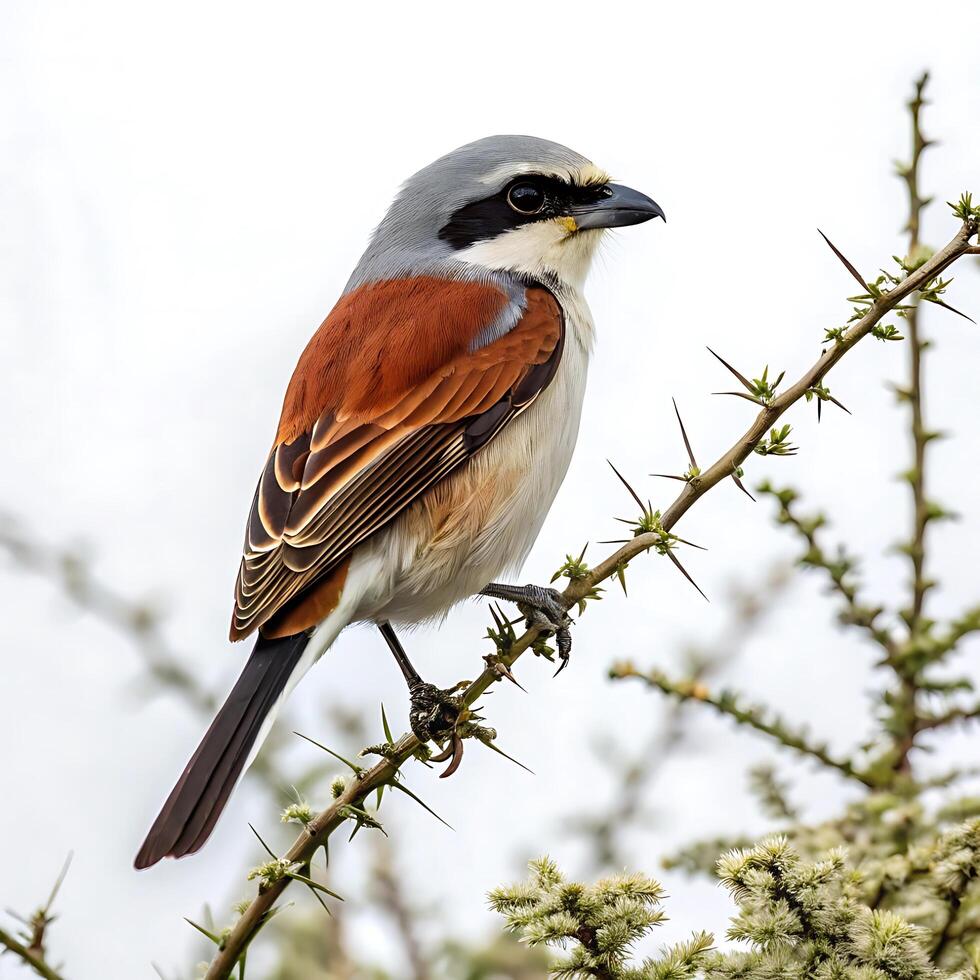 Beautiful shrike bird with a black mask and gray feathers, perched delicately on a branch, set against a white neutral background photo