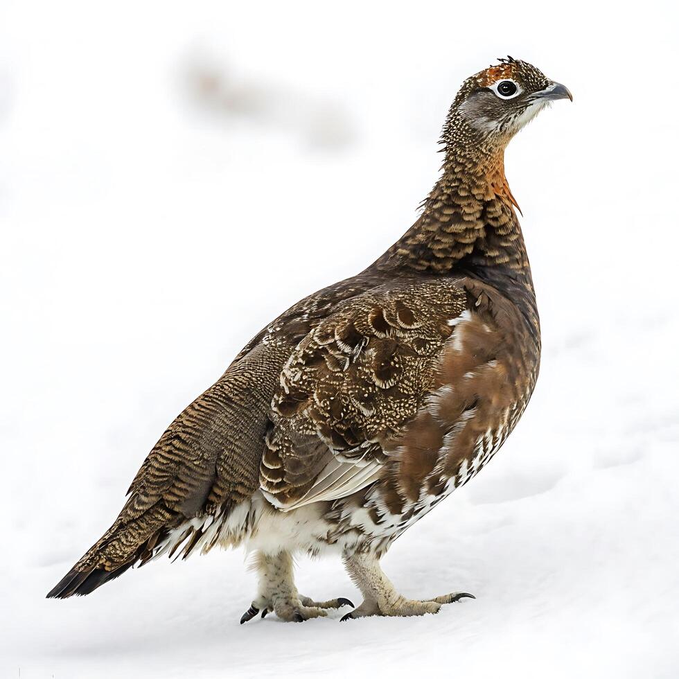 Grouse bird captured in profile, highlighting its textured feathers and vivid red eyes, walking across snow in a serene, white setting photo