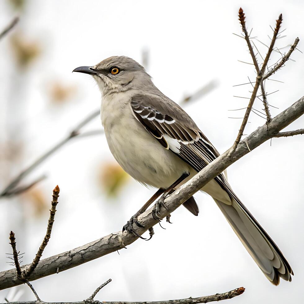 Graceful mockingbird on a branch, highlighting its delicate feathers and elegant stance, perfectly captured in a serene setting photo