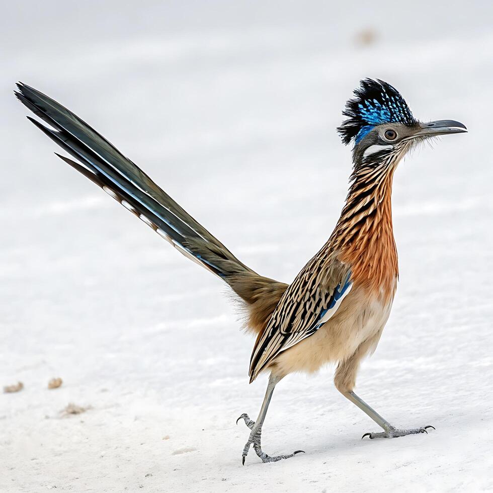 Roadrunner bird with vibrant blue and green feathers, perched gracefully against a clean white background, showcasing its unique crest and long tail photo