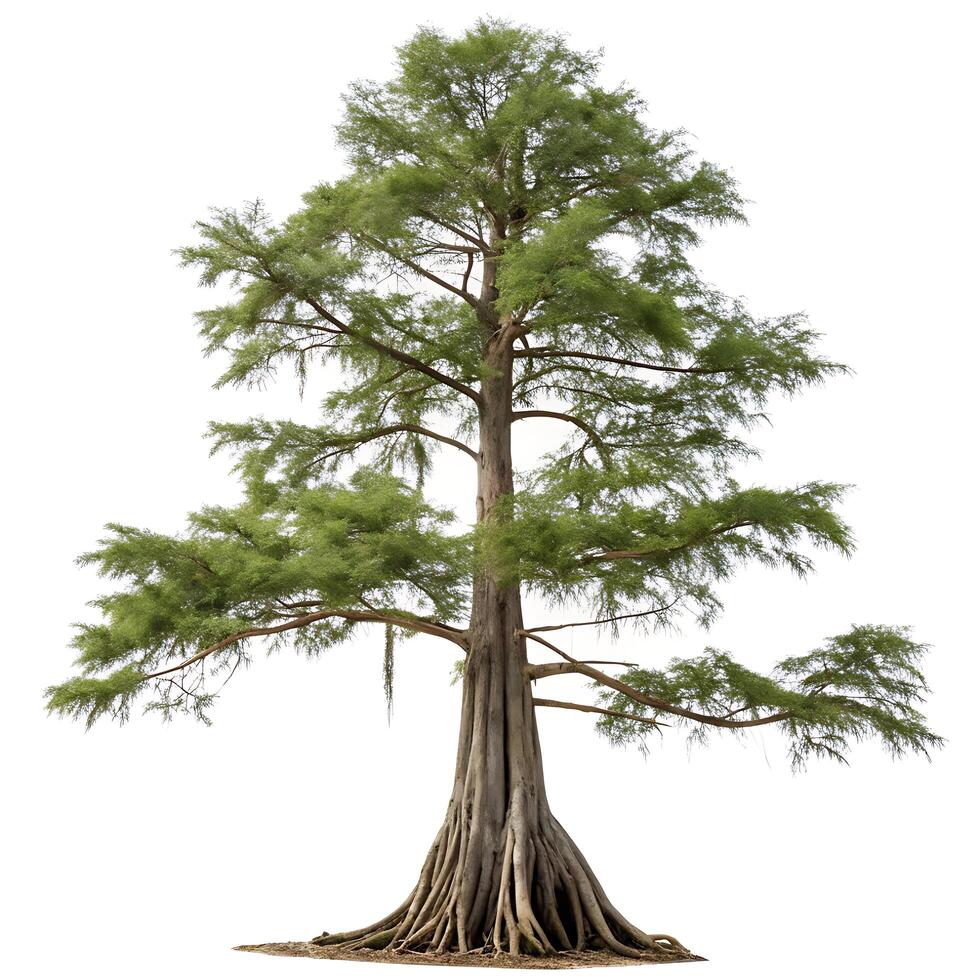 Majestic bald cypress tree with wide branches and intricate root system, isolated on a white background, showcasing its natural beauty and resilience photo