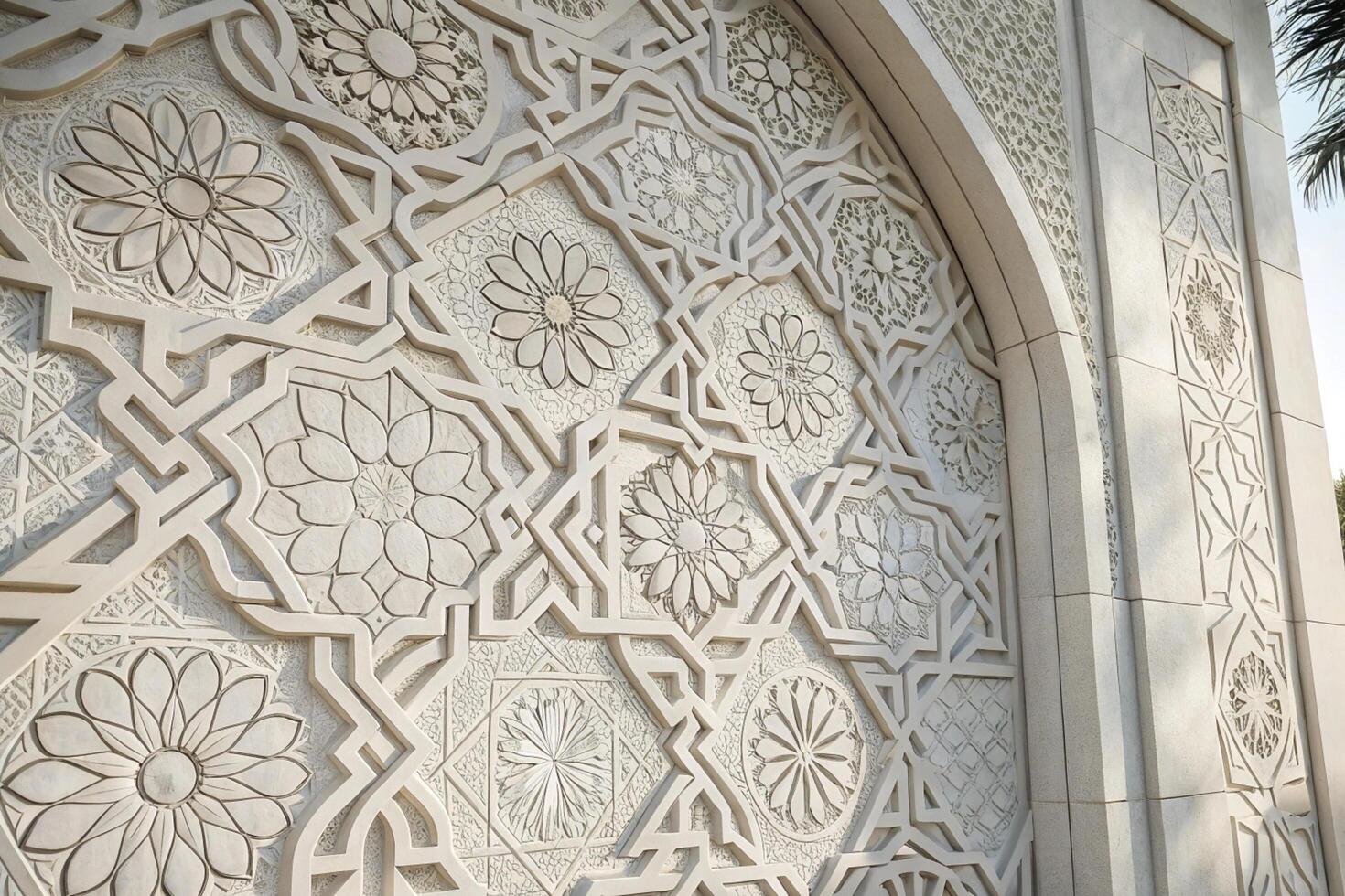 Decorative white floral pattern with arabesque shapes and shadows, exuding a tranquil and elegant atmosphere, ideal for Ramadan Islamic Background. photo