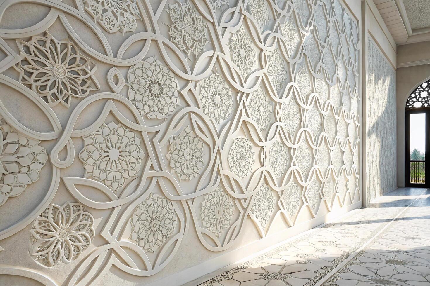 Elegant geometric and floral arabesque design in soft white tones, a harmonious backdrop with delicate lines, ideal for Ramadan Islamic Background. photo