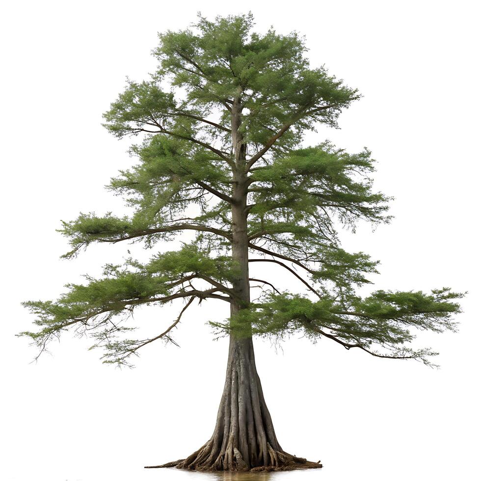Tall bald cypress tree with distinctive buttressed roots and lush green foliage, isolated on white, ideal for environmental and forestry themes photo