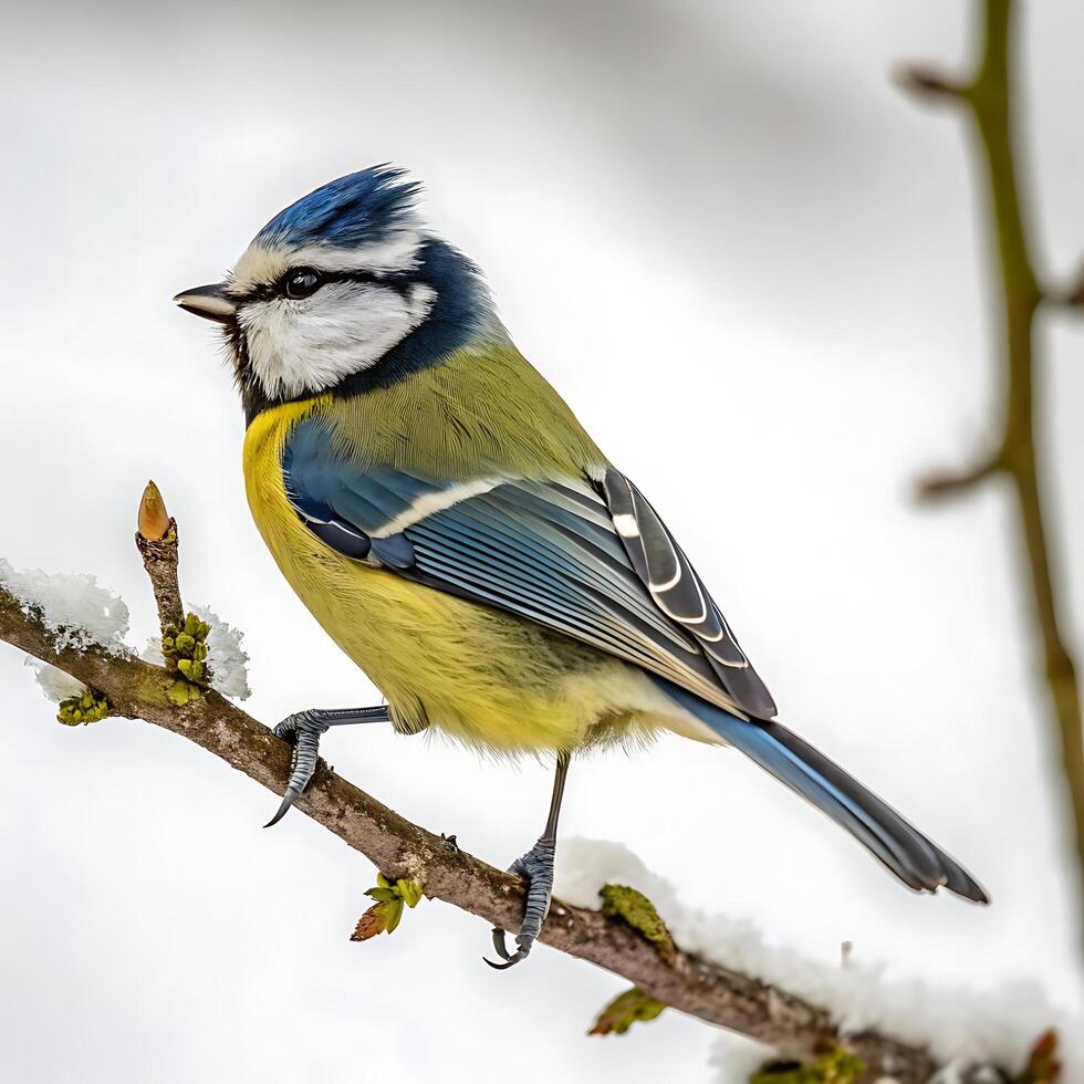 Detailed shot of a titmouse with a vibrant yellow and blue coat, perched gracefully on a branch, with a soft white background highlighting its features photo