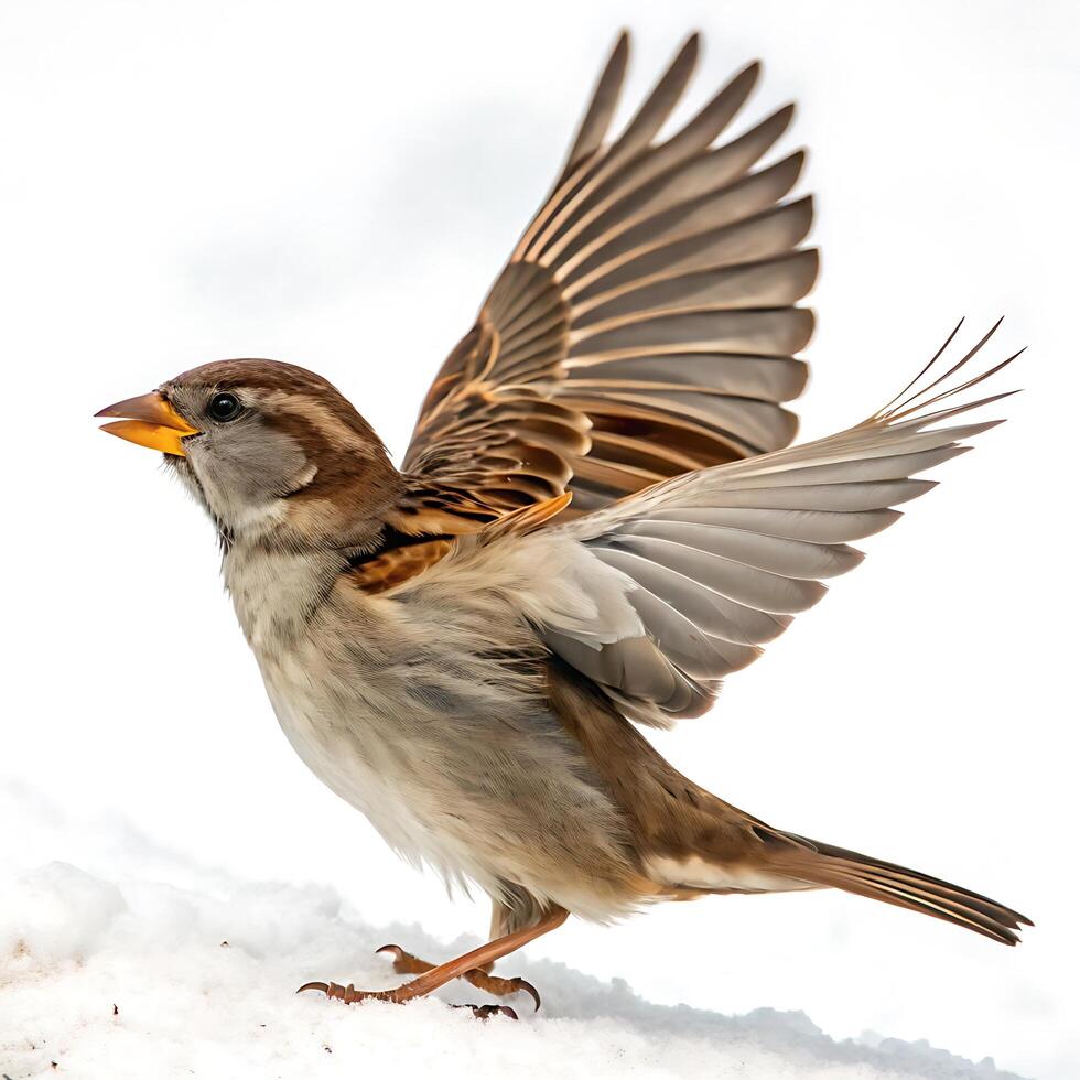 sparrow spreading its wings in the snow, captured in motion against a clean white background, showing detailed feathers photo