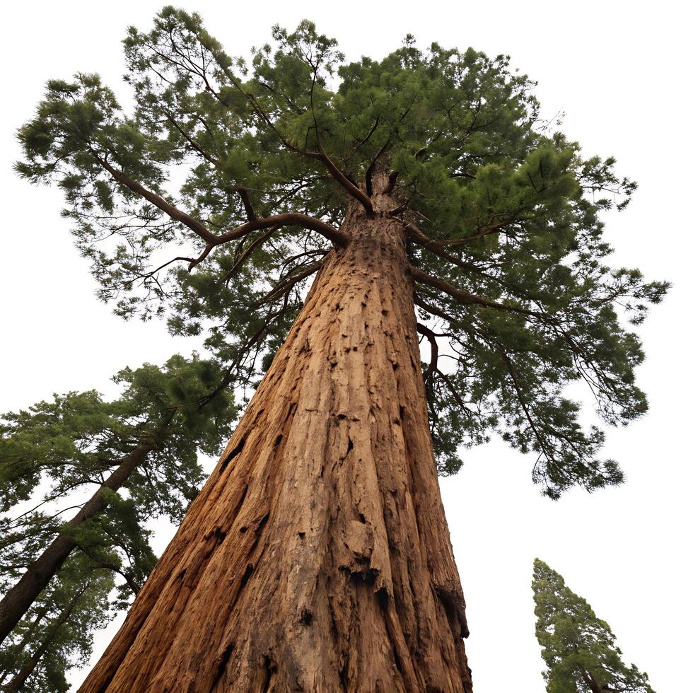 Majestic coast redwood towering upwards, displaying its rugged bark and lush green foliage against a clear white background photo