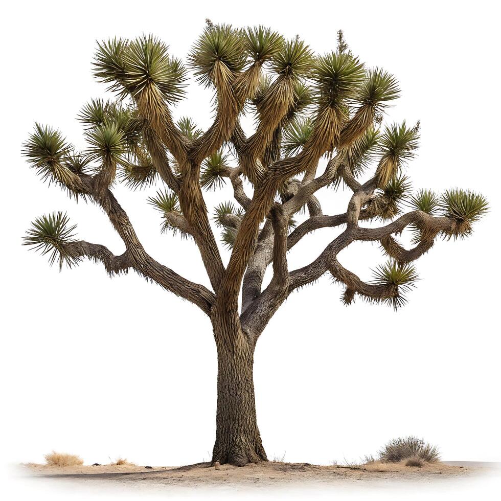 Iconic Joshua tree in the middle of the desert, with a dramatic twist in its branches, surrounded by dry desert plants and sands photo