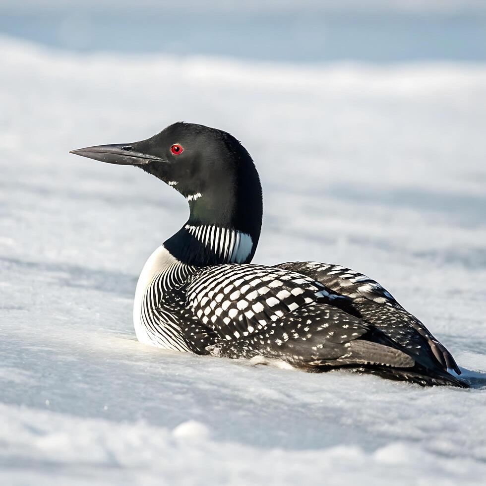 Loon bird with striking black and white plumage, resting peacefully on snow covered ground, showcasing its unique pattern and red eyes photo