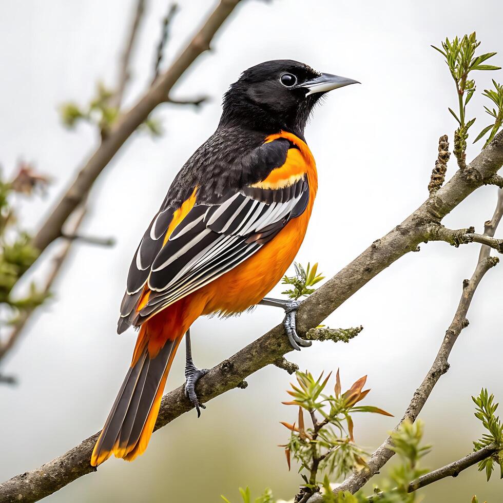 Detailed image of an oriole with vivid orange and black feathers perched on a tree branch, set against a white background photo