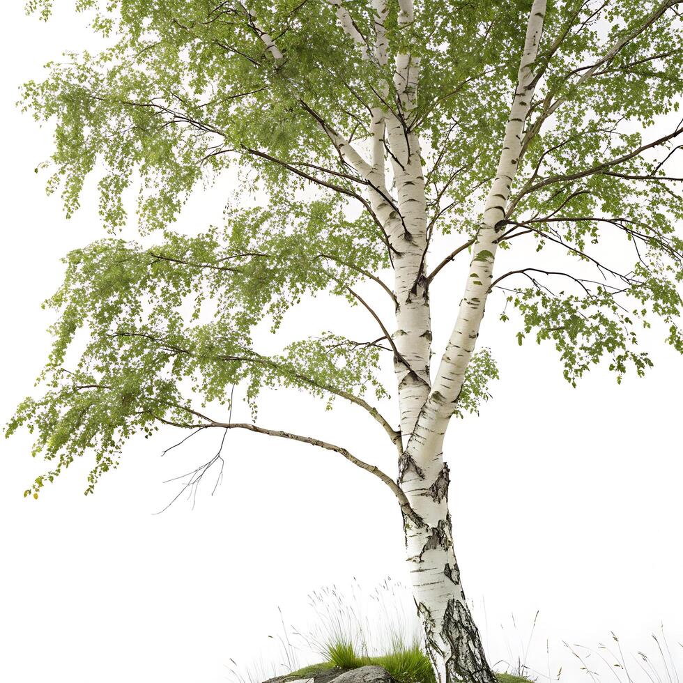 Tall birch tree standing alone with a textured bark pattern and fresh spring leaves, isolated on white, perfect for botanical and nature themed visuals photo