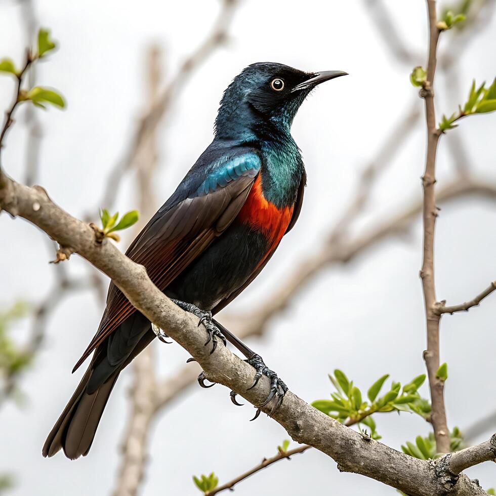 A lovely and colorful bird perched on a branch of a tree, a singing nightingale in its natural habitat, with clear white background photo