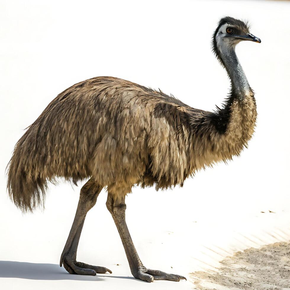 Emu bird captured walking gracefully, showcasing its strong legs and distinct feather texture, isolated against a clean white background photo