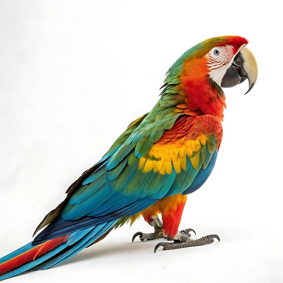 Stunning profile of a macaw parrot with brilliant red, green, and blue plumage standing tall and proud on a white background photo