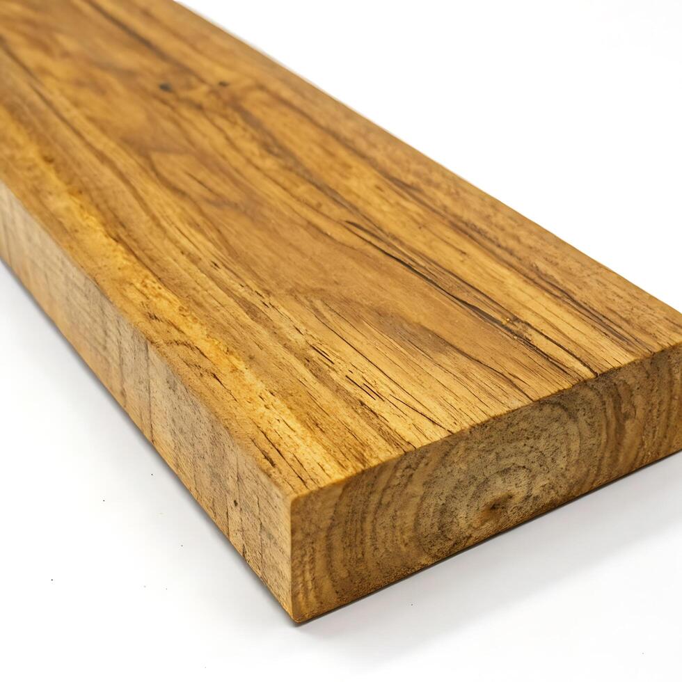 Teak wood planks with visible wood grain and polished surface, isolated on a white backdrop to highlight the beauty of the woods natural patterns photo