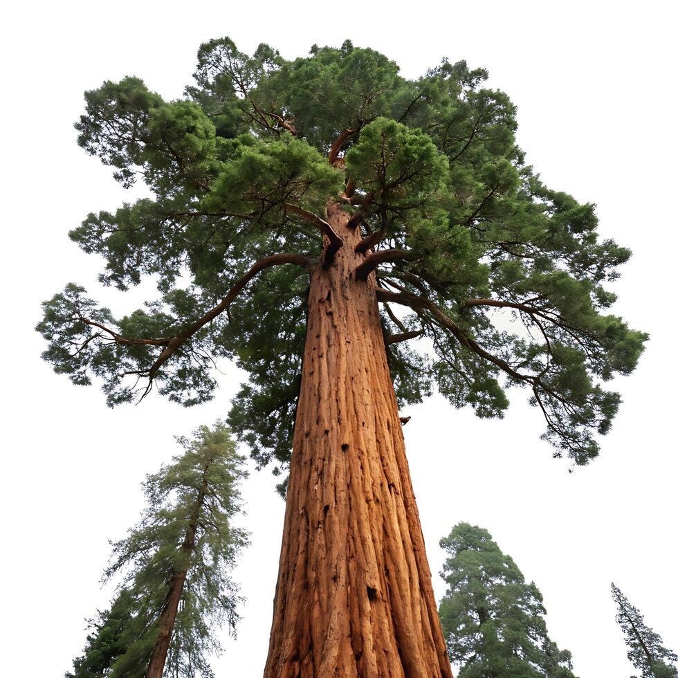 Towering redwood tree viewed from the base upwards, showing its massive trunk and lush green canopy, isolated against a clean white background photo