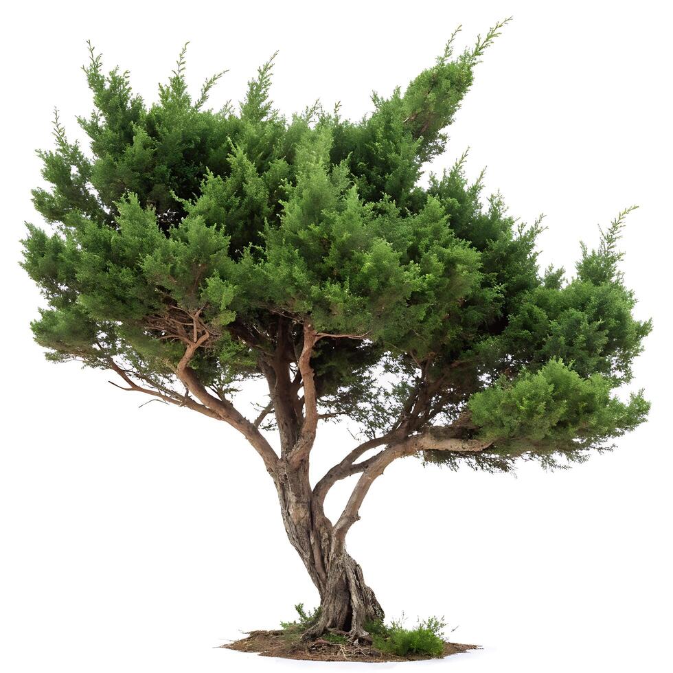 Graceful juniper tree with a full canopy of fresh green leaves, captured in front of a pure white background, emphasizing its distinct form photo