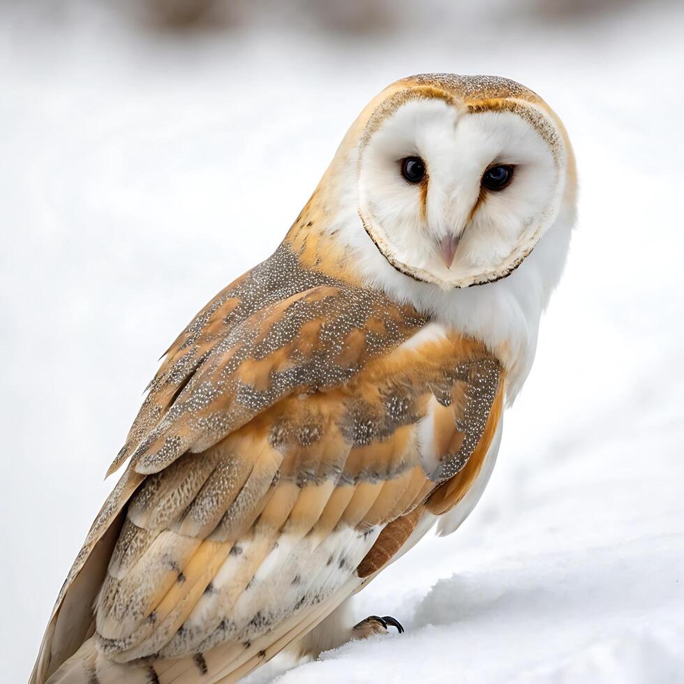 Portrait of a barn owl, with a sharp gaze and detailed feathers, captured in high definition against a white background for a crisp, clear view photo