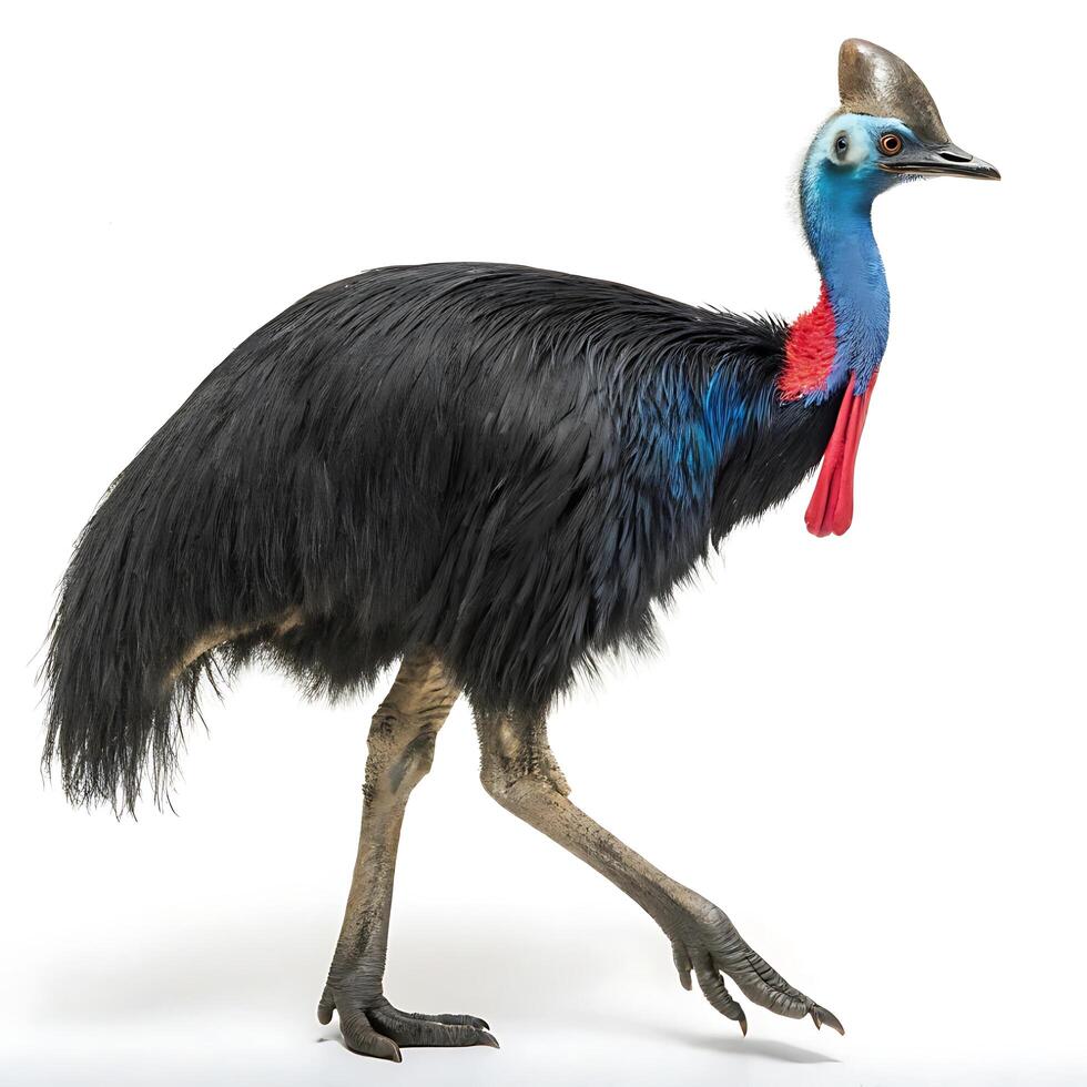 Powerful cassowary bird with vivid blue skin and red throat waddle, walking confidently against a stark white background photo