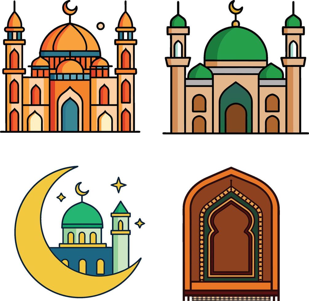 Islamic Architecture and Mosque Icons in Flat Design vector