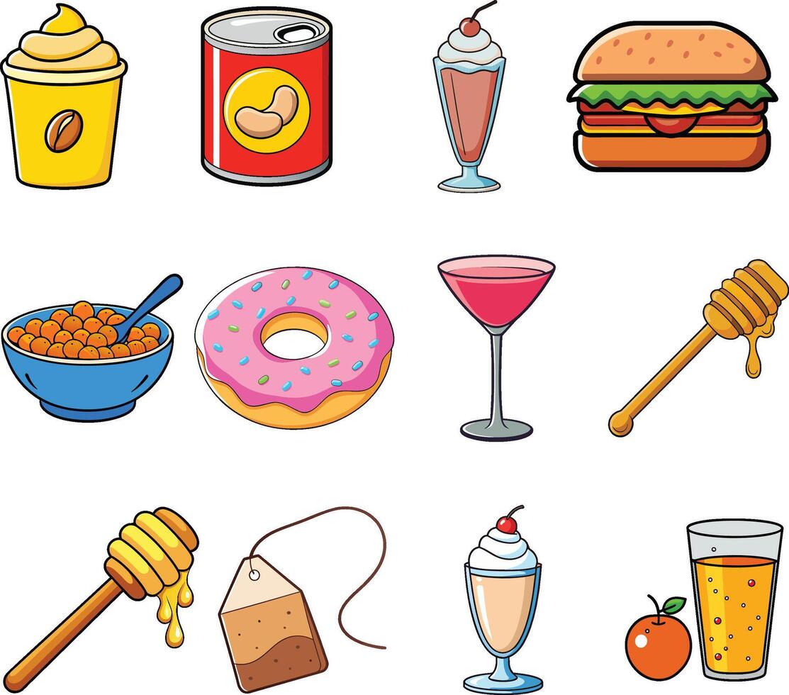 Cartoon Style Food and Drink Icons Set vector