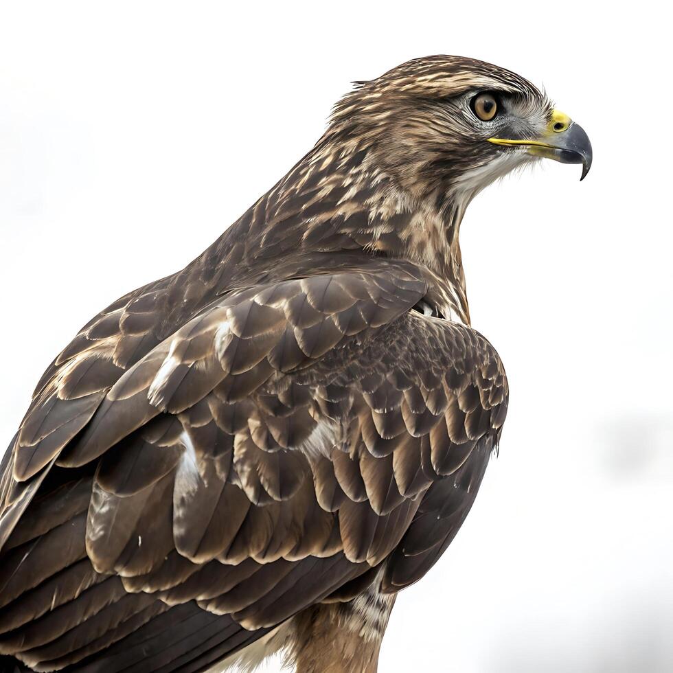 Majestic hawk perched in profile, showcasing its sharp beak, intense yellow eyes, and intricately patterned feathers against a white background photo