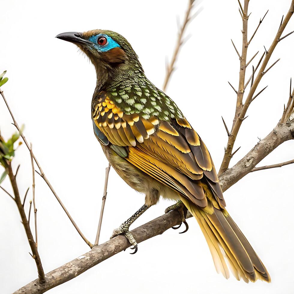 colorful bowerbird perched, showcasing its vibrant green and yellow feathers, set against a clean white background photo