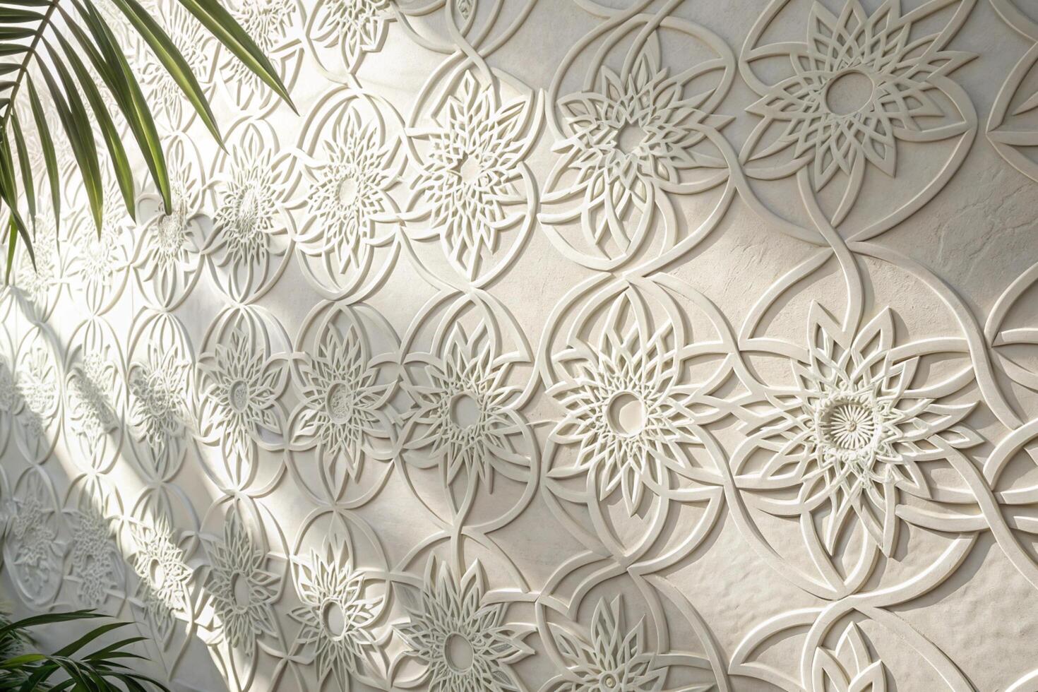 white floral and geometric pattern with shadows on textured background, with subtle palm leaf visible, perfect for Ramadan Islamic Background. photo