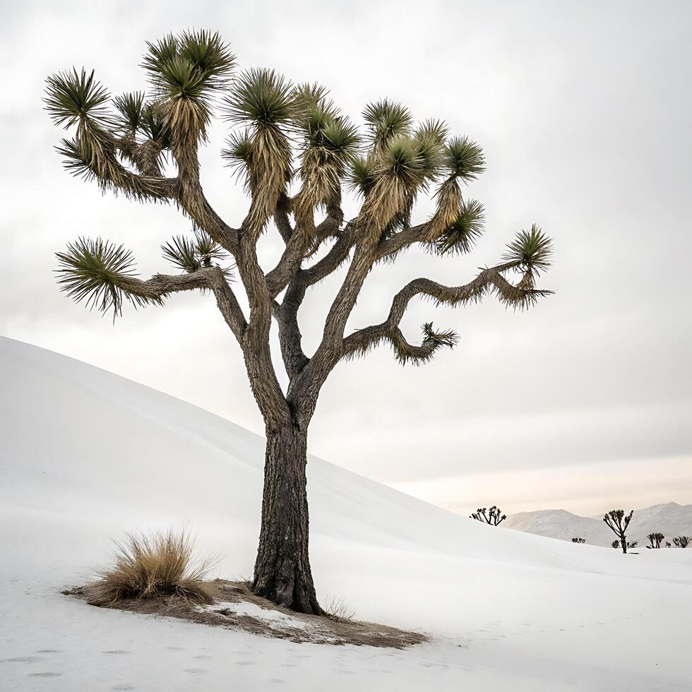 Majestic Joshua tree standing tall in the desert under clear skies, capturing the unique texture and striking silhouette of the desert flora photo