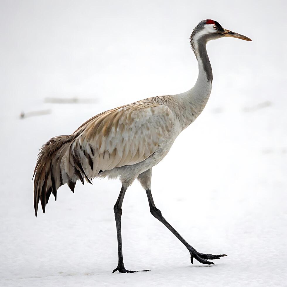 Side view of a crane bird with long legs and a red crown, walking slowly in the snow covered landscape with a white background photo