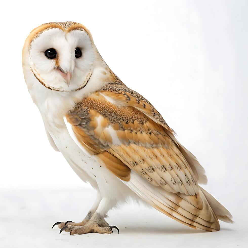 beautiful barn owl with striking feather patterns, standing on a white background showcasing its round face and intense eyes photo