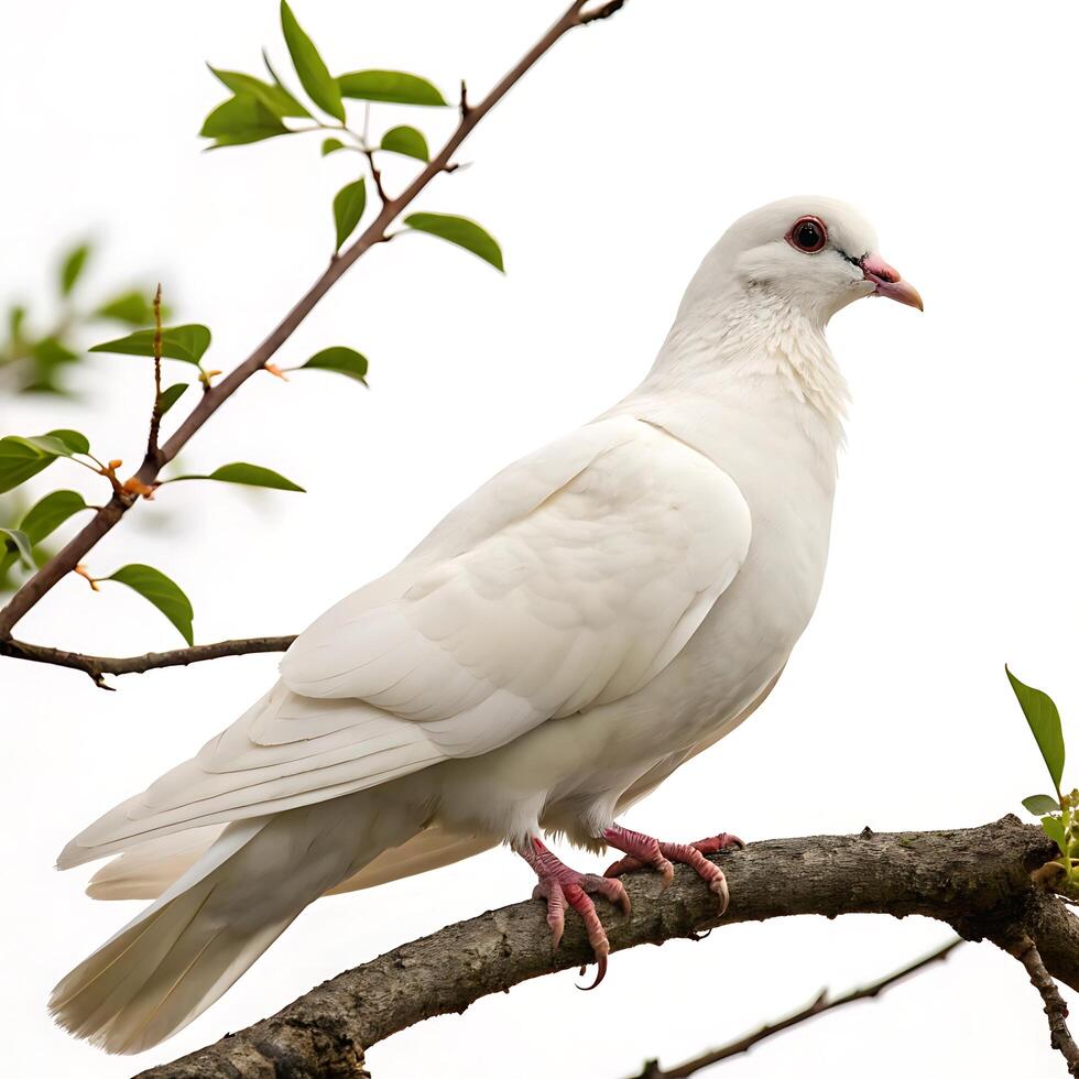 Graceful white dove standing on a surface with an immaculate white background, conveying a sense of serenity and elegance photo